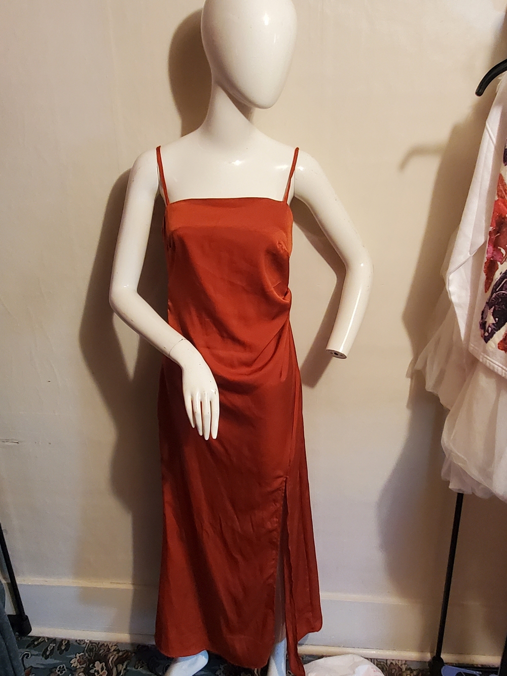 Satin Slip Maxi Dress in Rust Red - Elegant Spaghetti Strap Nightwear